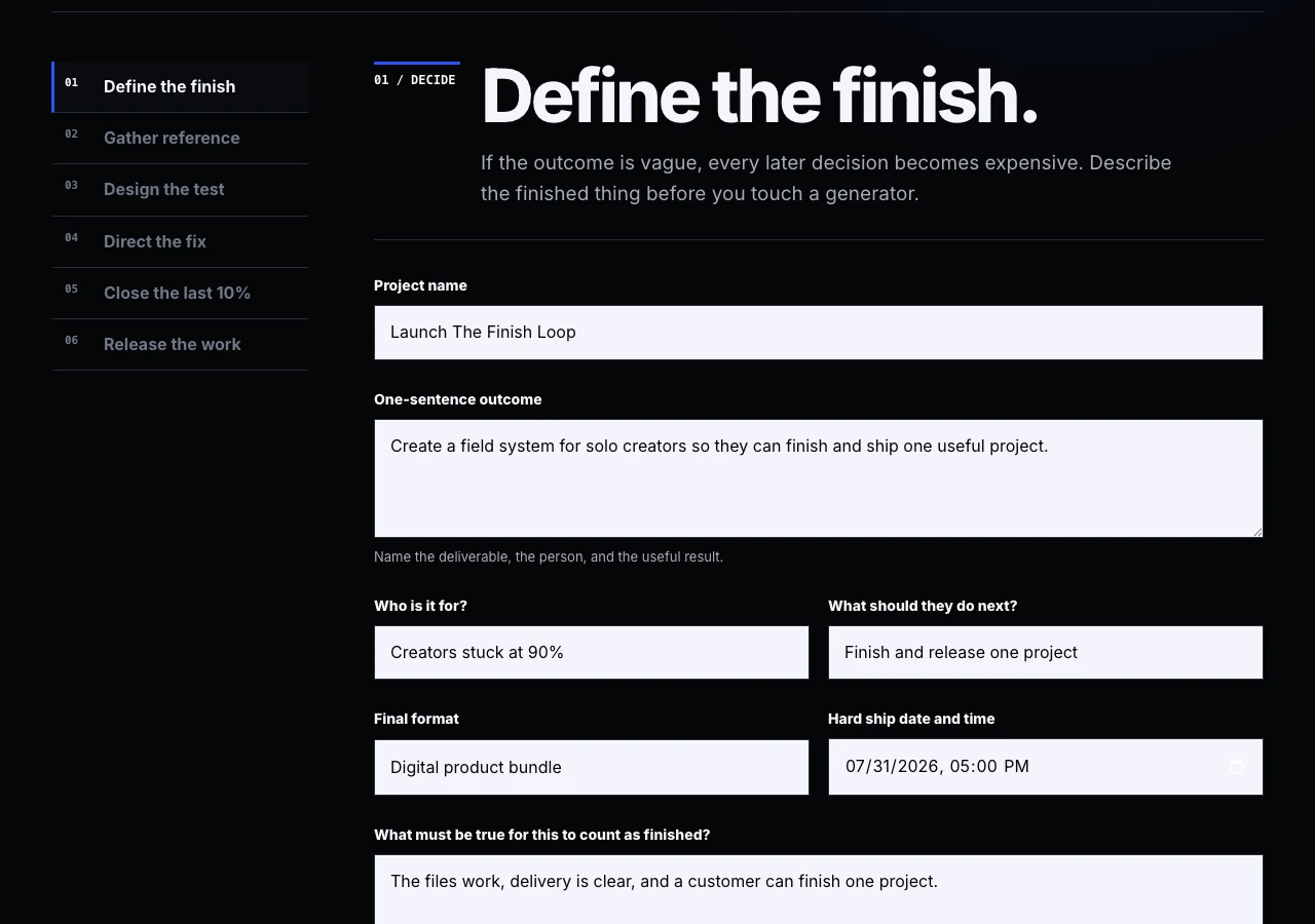 The Finish Loop interactive planner showing a real project plan