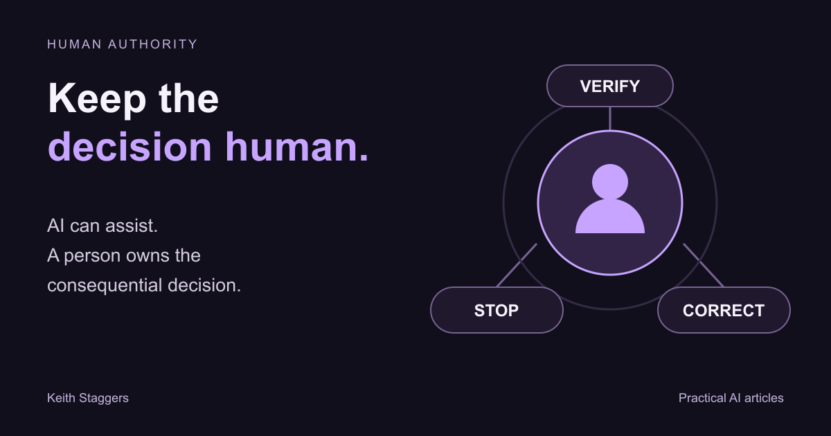 A person at the center of a decision can verify the evidence, stop the process, and correct the outcome.