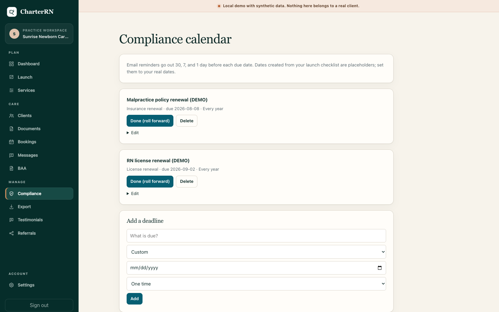 CharterRN compliance calendar showing synthetic license and policy renewal deadlines.