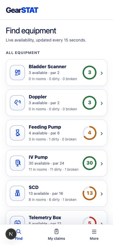 GearSTAT mobile equipment finder listing simulated equipment availability.