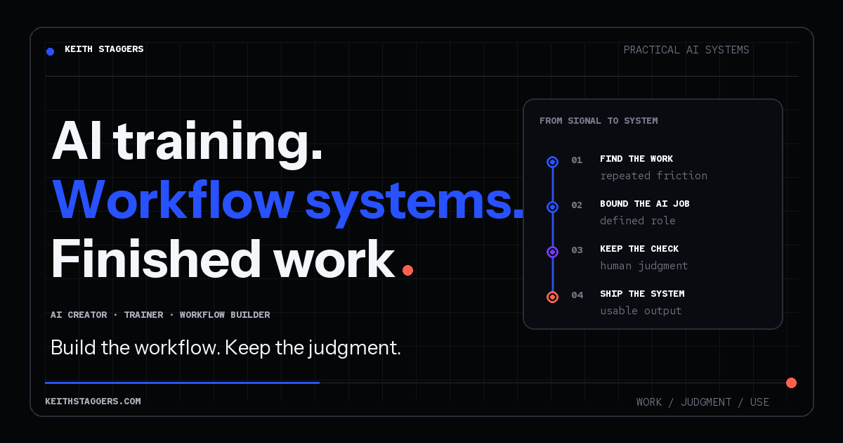 Keith Staggers: practical AI training, one-to-one help, and done-for-you solutions.